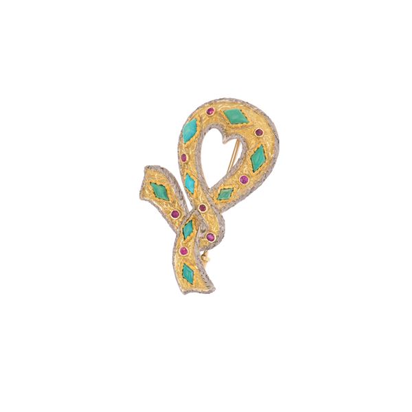 Cazzaniga - 18kt yellow and white gold with turquoises and rubies brooch