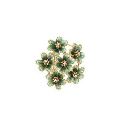Spilla Fiori in Oro Giallo 18kt e Smalto Policromo e Diamanti