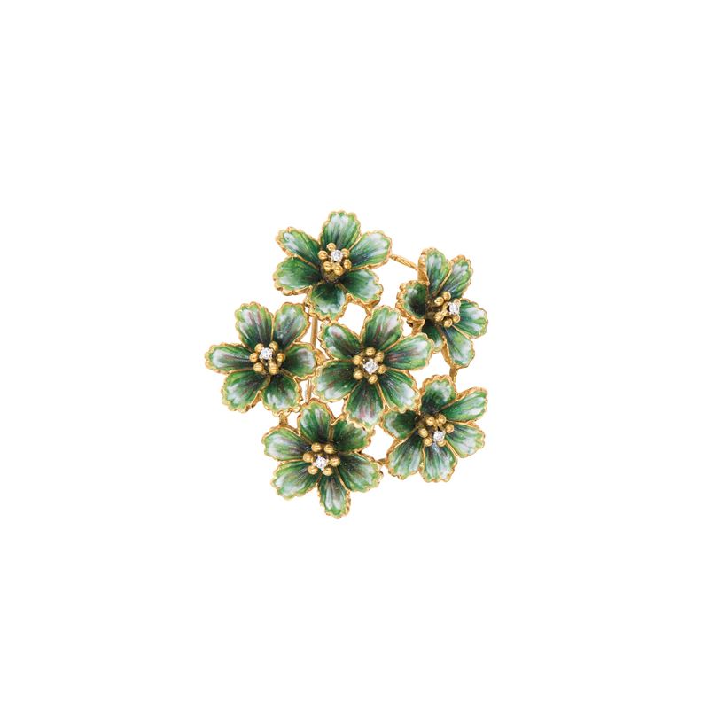 Spilla Fiori in Oro Giallo 18kt e Smalto Policromo e Diamanti
