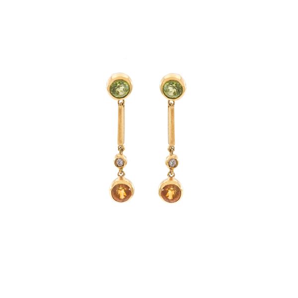 Orecchini pendenti in oro giallo 18kt peridoti, quarzi citrini e diamanti