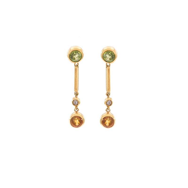 Orecchini pendenti, oro giallo 18 kt con peridoti, quarzi citrini e diamanti