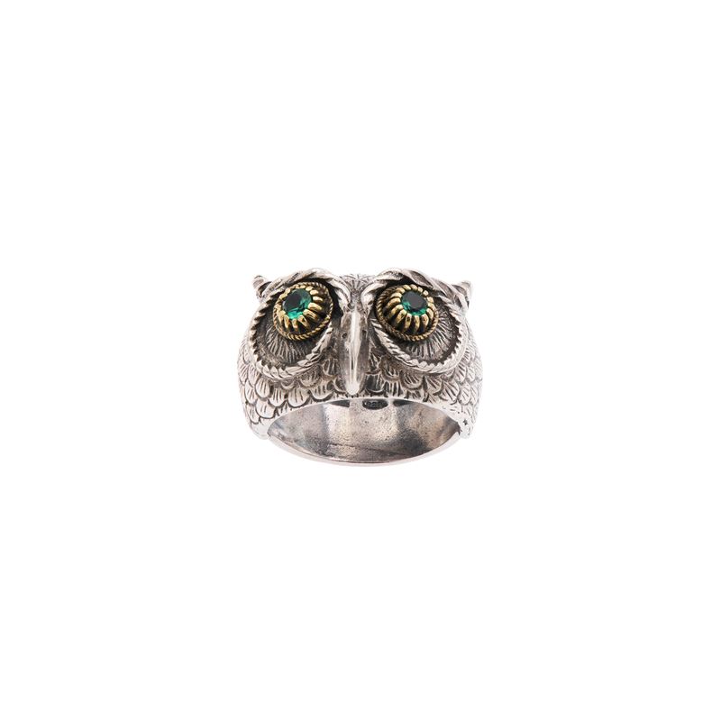 Anello a civetta in argento 925 con smeraldi tondi