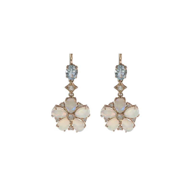 Orecchini Pendenti in Oro Rosa 9kt Opali Arlecchino, Acquamarine e Diamanti