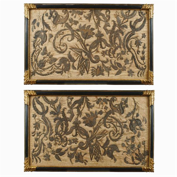 Coppia di decorazioni ricamate in tessuto  (Italia, XVIII Sec.)  - Asta FINE ART DA VILLA ASTOR  - Colasanti Casa d'Aste